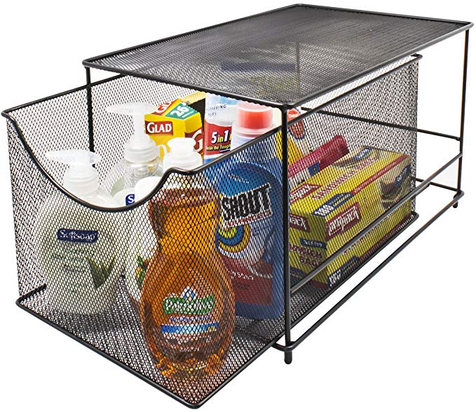 Sorbus Cabinet Organizer Drawers— Mesh Storage Organizer with Pull Out Drawers—Ideal for Countertop, Cabinet, Pantry, Under the Sink, Desktop and More (Black Bottom Drawer)