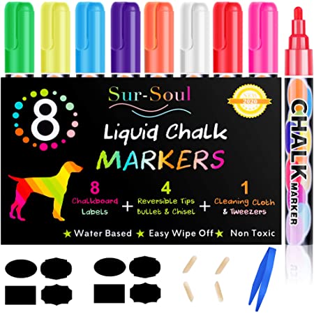 Liquid Chalk Markers, Window Marker for Cars, Chalk Pens with 6mm Reversible Tip (8 Pack), Non-Toxic Safe Chalkboard Markers for Kids, School Supplies, Chalkboard Labels, Erasable Neon Pens