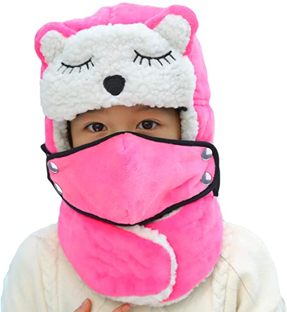 Cartoon Winter Hats Ski Cap for Girls Boys Windproof Thermal Fleece Trapper Hat with Earflap Face Warmer