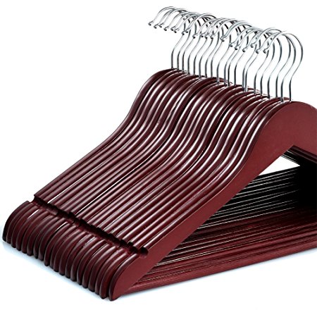 Zober Solid Cherry Wood Suit Hangers with Non Slip Bar and Precisely Cut Notches - 360 Degree Swivel Chrome Hook - Cherry Finish Super Sturdy and Durable Wooden Hangers - 20 Pack