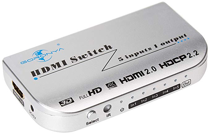 [ True 4K ] 5 Port HDMI Switch, Goronya 5x1 Auto Switch with IR Wireless Remote Support 4K@60HZ Full HD 1080P 3D Player and ARC