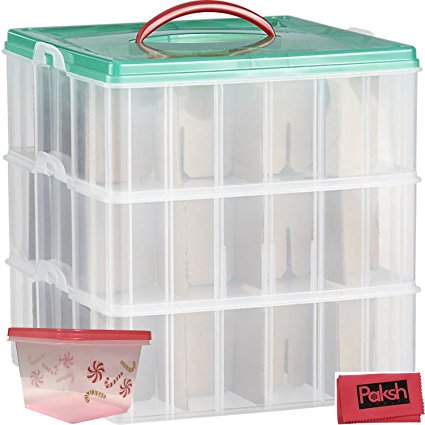 Christmas Plastic Ornament Storage Container / 3 Stackable Snap Together Box Trays - Bundled with Ribbon container & cloth