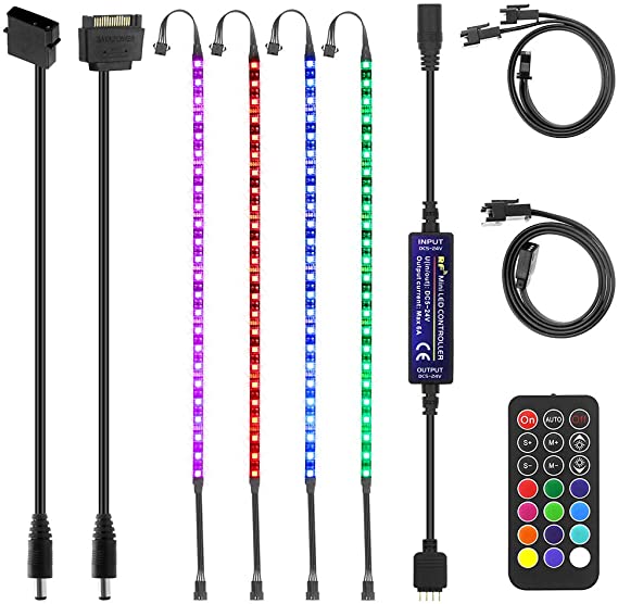 ALITOVE RGB LED Strip for PC Computer Case DIY Lighting, 4x 16in/40cm 24LEDs Flexible Bar Lights Full Kit with RF Remote Controller, Molex SATA Power Cable, 12 Static Colors, 19 Dynamic Modes, 96 LEDs