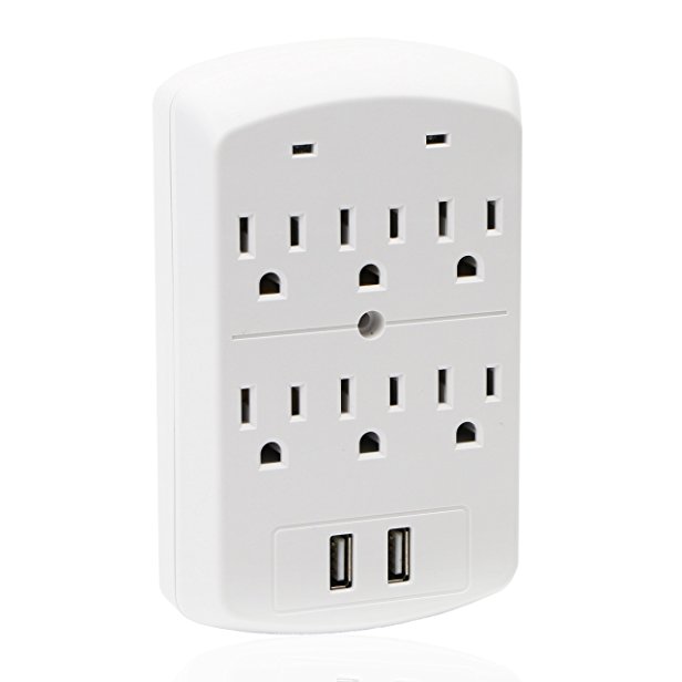 Multi Outlet Wall Mount Adapter Surge Protector with Two 2 USB Charging Ports, 6 Electrical Outlet Extenders Surge Protector Charging Station