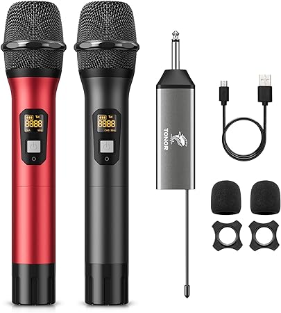 TONOR Wireless Microphone, UHF Dual Handheld Metal Multipurpose Dynamic Singing Mic System with Rechargeable Receiver, for with Mic Input Pa System, Mixer, Voice Amplifier, 200ft (TW630), Black&Red