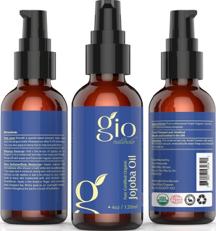Organic Jojoba Oil for Hair Body Face and Nails - Gio Naturals Is 100 Pure Cold Pressed and Unrefined - Best for Frizzy Hair Cuticle Repair and Moisturizer for Acne Prone Skin Look and Feel Better Today