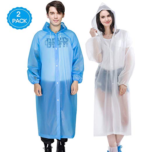 Reusable Rain Poncho, 2 Pack Waterproof & Windproof Raincoat Rain Resistant Poncho with Elastic Drawstring Hood and Sleeves, Perfect for Travel, Festivals, Theme Parks and Outdoors