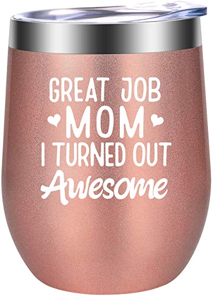 Gifts for Mom - Great Job Mom I Turned Out Awesome, Mom Gifts form Daughter, Son - Funny Mom Birthday Gifts, Thank You Gifts, Christmas Gift Ideas for Mom - LEADO Mom Wine Tumbler, Best Mom Ever Mug