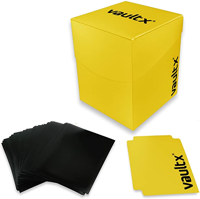 Vault X Deck Box and 150 Black Card Sleeves - Large Size for 120-130 Sleeved Cards - PVC Free Card Holder for TCG (Yellow)