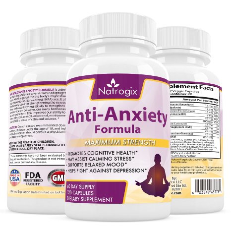 Natrogix Anti Anxiety Supplement - Advanced Herbal Formula Promotes Stress and Depression Relief. Natural Calm and Relaxation Aid, Mood Enhancer, Made in USA (120 Capsules).