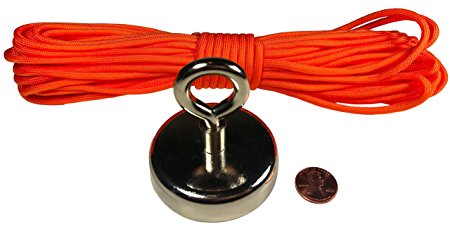 Jijivisha Round Neodymium Magnet with Countersunk Hole & Eyebolt with 50ft. Paracord Rope - 265 LBS Pulling Force, Diameter 2.36” (60mm) – Perfect for Magnet Fishing & Retrieving Salvage