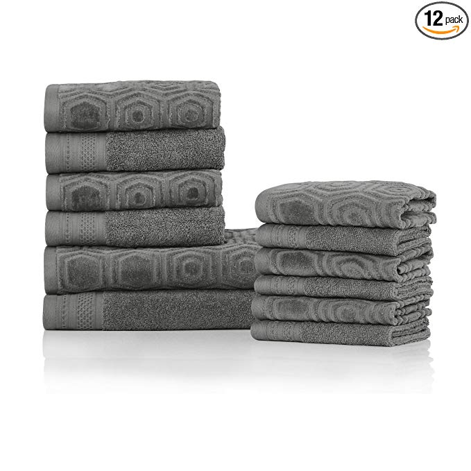 Superior’s 100% Cotton 500 GSM, Plush, Absorbent, High Quality and Durable Honeycomb Jacquard and Solid 12-piece Towel Set- Gunmetal