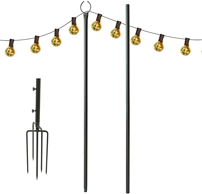Uopasd String Light Pole Outdoor Metal Pole with 5-Prong Fork,9Ft Hanging String Light for Outside Garden, Paito,Backyard, Party, Wedding