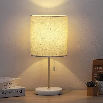 Desk Lamp, Bedside Fabric Shade Table Lamp Marble Base Nightstand Lamp with Pull Chain Fabric for Bedroom, Living Room, Office, Kids Room, Study Room, Dorm, Coffee Table,Gold