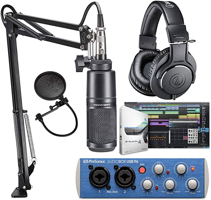 Audio-Technica AT2020PK Studio Microphone with ATH-M20x, Boom & XLR Cable Streaming/Podcasting Pack And PreSonus AudioBox USB 96 Audio Interface