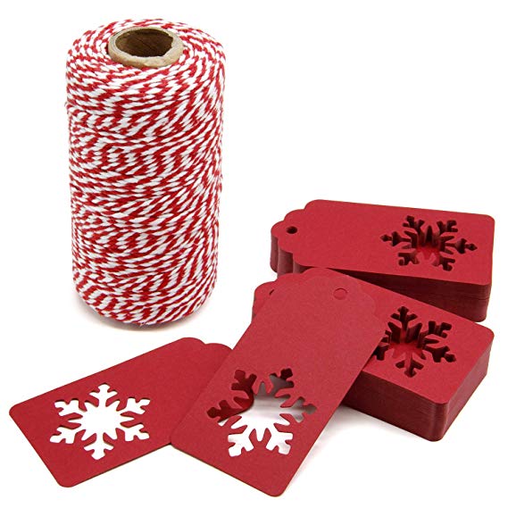 300 Feet Red and White Twine and 100 PCS Gift Tags Christmas Snowflake Shape Kraft Paper Tags Price Tags by Blisstime