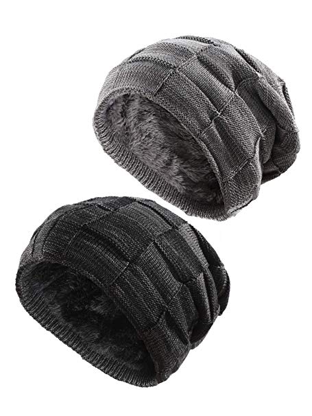 Tatuo 2 Pieces Knitting Beanie Hat Winter Warm Hats Slouchy Thick Skull Cap for Men Women Kids, Black, Gray