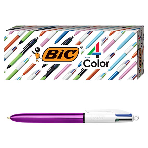BIC 4-Color Shine Ballpoint Pen, Purple Barrel, Medium Point (1.0mm), Assorted Inks, 3-Count