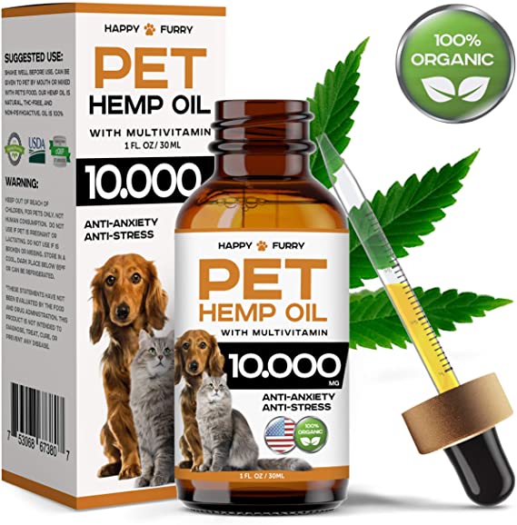 Happy Furry Organic Hemp Oil for Dogs and Cats - 10 000 MG - Made in USA | Anti-Stress & Anti-Anxiety | Better Sleep | Supports Hip & Joint Health | Calming Treats for Pets