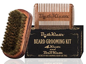 4Klawz Wooden Beard Comb & BoarKlawz Boar Bristle Beard Brush Set for men. Best for Beard Oil and Beard Balm use. Beard Kit grooming bundle - Christmas Holiday Bearded Man Special Gift Deal Sale