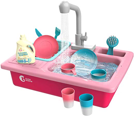 CUTE STONE Color Changing Play Kitchen Sink Toys, Children Electric Dishwasher Playing Toy with Running Water,Upgraded Real Faucet and Play Dishes,Pretend Play Kitchen Toys for Boys Girls Toddlers Kid