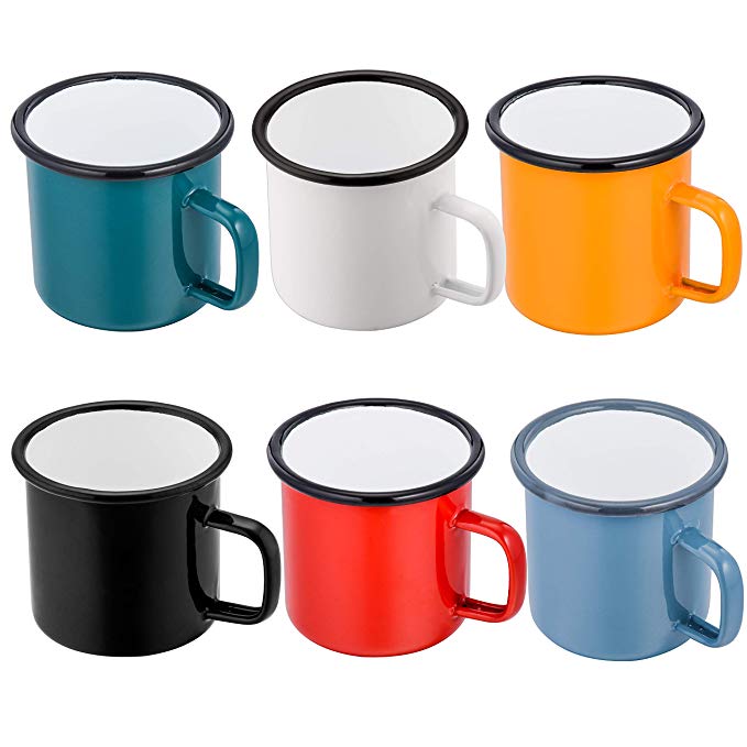 P&P CHEF Enamel Camping Mug, 6 Pack 12 Ounce (355 ML) Coffee Mugs Cups for Indoors and Outdoors, Lightweight & Portable for Breakfast Party Camping Travel Picnic Fishing