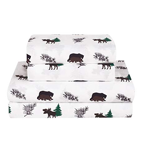 Rustic Bear Moose Queen Size 4 Piece Bed Sheet Set Microfiber Cabin Hunting Lodge