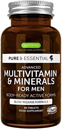 Pure & Essential Advanced Multivitamin & Minerals for Men with Lycopene, D3, Methylated B6 & B12, Energy & Immunity Support, Heart & Brain Health, 60 Vegan Tablets