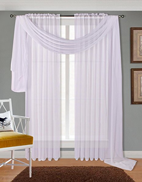 LuxuryDiscounts 2 PC Solid Rod Pocket Sheer Window Curtain Treatment Drape Voile Panels In Variety Of Colors (55"x90", White)