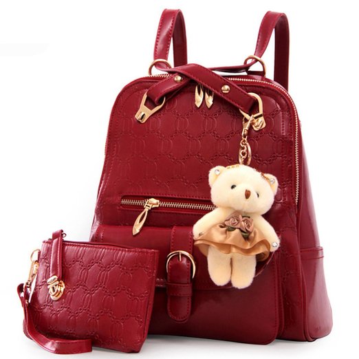 Coofit Girls Backpack College School Bag Leather Purses with Bear Key Chain