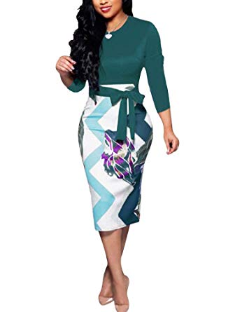 Women's Bodycon Dress Midi Work Casual Floral Prints Pencil Dresses with Belt