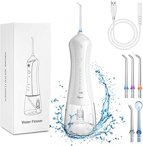 Water Flosser Professional Cordless Dental Oral Irrigator - Glynee 5 Modes & 5 Tips IPX7 Waterproof Portable and Rechargeable Water Flossing for Teeth Cleaning for Home Travel,Braces & Bridges Care