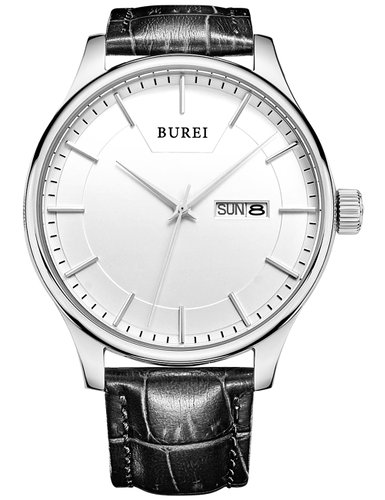 BUREI Mens SM-13001-P01AY Day and Date Black Calfskin Leather Watch with White Dial