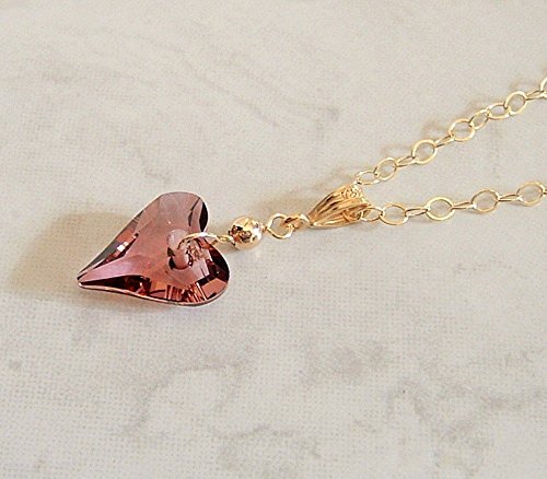 Antique Pink Purple Wild Heart Swarovski Elements Crystal Pendant 18" Gold Filled Chain Necklace