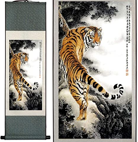 sweethome Asian Silk Scroll & Picture Scroll & Wall Scroll Calligraphy Hanging Artwork (Tiger)