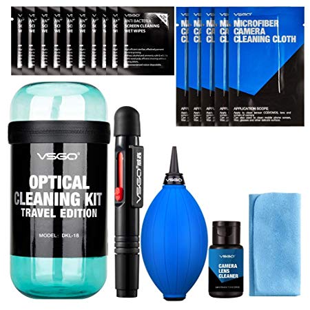 VSGO DSLR or SLR Digital Camera Cleaning Kit with Microfiber Camera Cleaning Cloth, Screen Cleaning Wet Wipes, Air Blower, Lens Duster aka Lens Pen and 30ml Lens Cleaner, Blue (DKL-15-Blue)