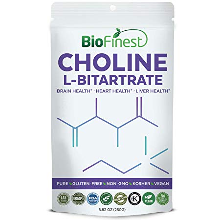 Biofinest Choline L-Bitartrate Powder - Pure Gluten-Free Non-GMO Kosher Vegan Friendly - Supplement for Brain Health, Focus, Memory,Healthy Heart and Liver (250g)