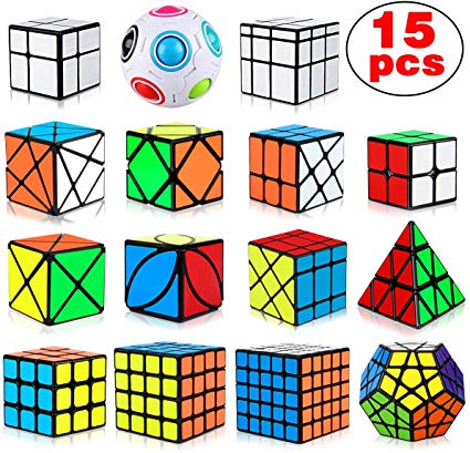 Dreampark Speed Cube Set, 15 Pack Cube Bundle 2x2 3x3 4x4 5x5 Megaminx Pyramid Skew Ivy Windmill Fisher Axis Dino Mirror Cube Magic Rainbow Ball Sticker Cube Puzzle Collection for Kids