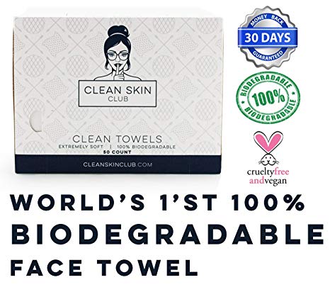 Clean Skin Club - Clean Towels | World's 1ST Biodegradable Face Towel | Towelettes For Sensitive Skin | 100% Disposable | Facial Tissues | 50 Count