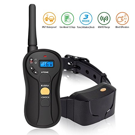 Dog Training Collar, Focuspet Wireless 655 yd Remote Electric Waterproof Bark Control Shock Dog Collar with Beep, Vibration and Shock Mode Rechargeable E-Collar for Puppy, Small & Large Dogs