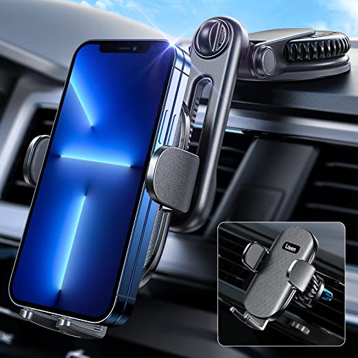 LISEN Cell Phone Holder Mount for Car 2022 Upgrade Universal Solid & Stable 4 in 1 Car Phone Holder 2 Dash Pads Phone Holder for Car Dashboard Windshield Vent Fit All 4''-7'' iPhone Android