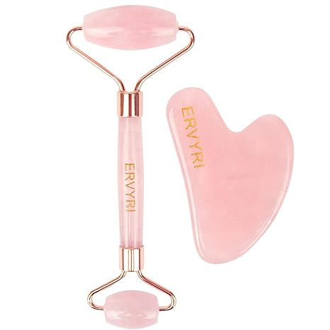 ERVYRI Jade Roller and Gua Sha Set - Rose Quartz Face Roller Skin Care Gua Sha Facial Tools , Face Massager for Women, Relieve Stress, Remove Wrinkles Eye Puffiness-Pink