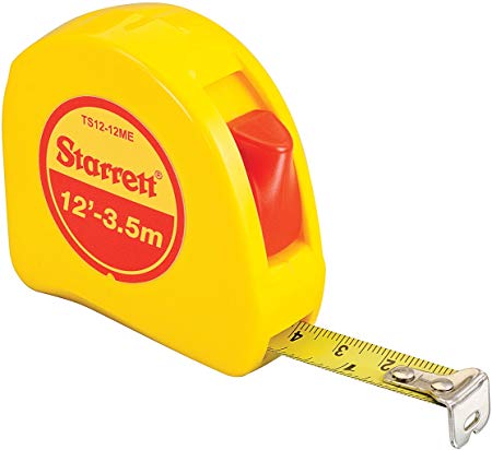 Starrett KTS12-12ME-N ABS Plastic Case Yellow Measuring Pocket Tape, English/Metric Graduation Style, 12' (3.5m) Length, 0.5" (12.7mm) Width, 0.0625" Graduation Interval