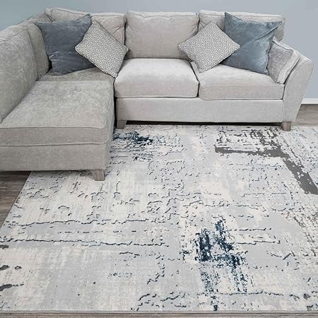 Designer Abstract Silver Grey Blue Painterly Living Room Rug Dense Super Soft Light Grey Lounge Bedroom Area Rugs 120cm x 170cm