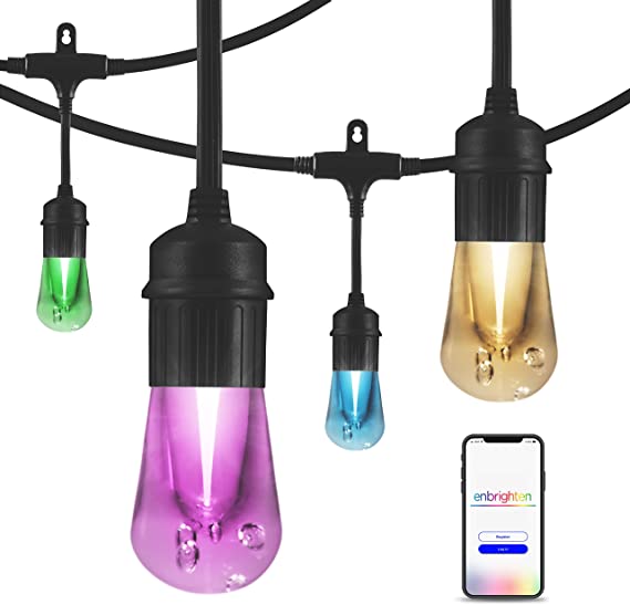 Enbrighten LED Wi-Fi Smart Vintage Café Lights, 48ft, Multicolored/White, Patio, Backyard, Deck, Porch, Outdoor Lighting, Various Color Options, Smart Control, Bluetooth, Vintage Bulbs, 57415