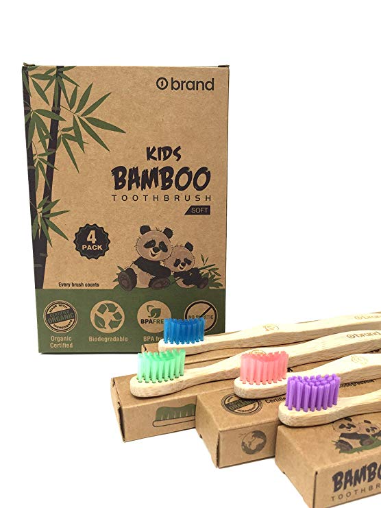 Bamboo Toothbrush KIDS, Soft Bristle Toothbrush, 4 PACK, Eco Friendly & Natural, BPA Free, Wooden Toothbrushes, Zero Waste Products, Organic, Vegan, Tooth Brush, Non Plastic, Environmental