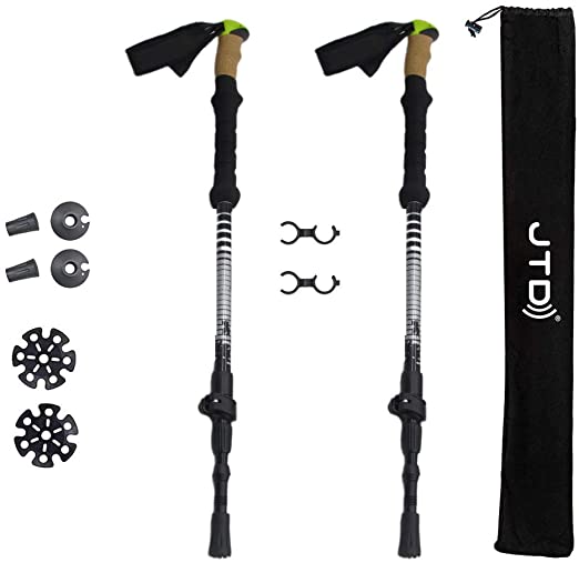 JTD Trekking Poles Hiking Sticks Walking Poles, Ultralight Carbon Fiber Shaft, Flip-Lock, 3-Section Telescopic, Collapsible & Anti-Shock for Mountaineering, Hiking, Walking - 2 Pack