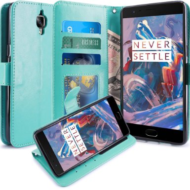 OnePlus 3 Case, LK Luxury PU Leather Wallet Flip Protective Case Cover with Card Slots & Stand For OnePlus 3 (Mint)