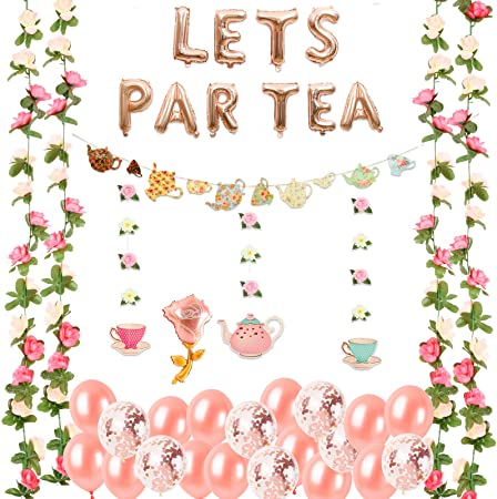 Tea Party Decorations Let's Par Tea Balloons/Teapots Teacups Tea Party Banner/Aluminum Foil Balloons/Floral Tea Party Hanging Decors for Bridal Shower Engagement Bachelorette Birthday Party Supplies