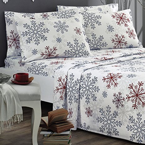 Brielle 100-Percent Cotton Flannel 4 Piece Sheet Set, Twin / Twin XL, Red Snowflake